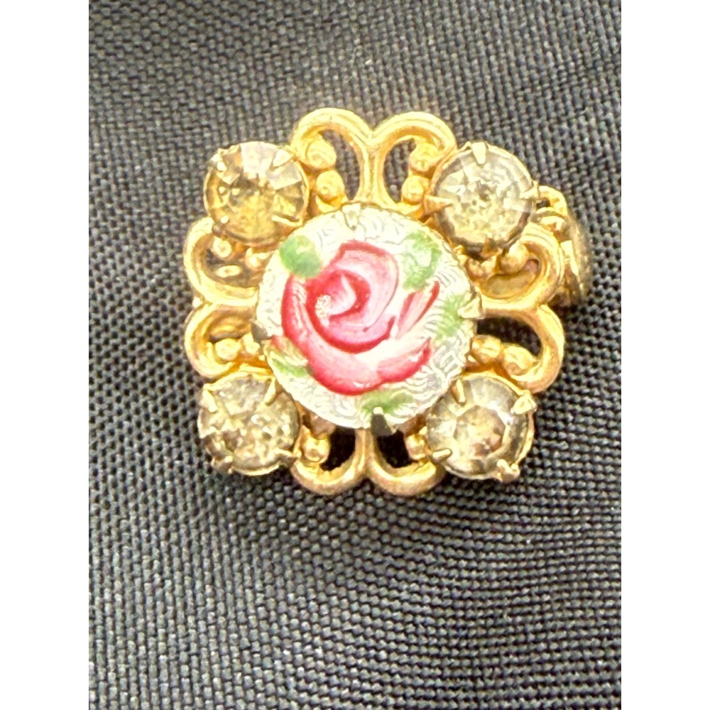 Vintage Tiny Hand Painted Pink Rose Rhinestone Floral Demure Brooch Pin Gift